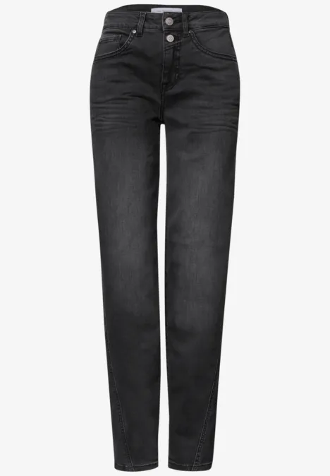 Zwarte damesjeans met hoge taille en knoopsluiting, rechte pijpen en donkere wassing.