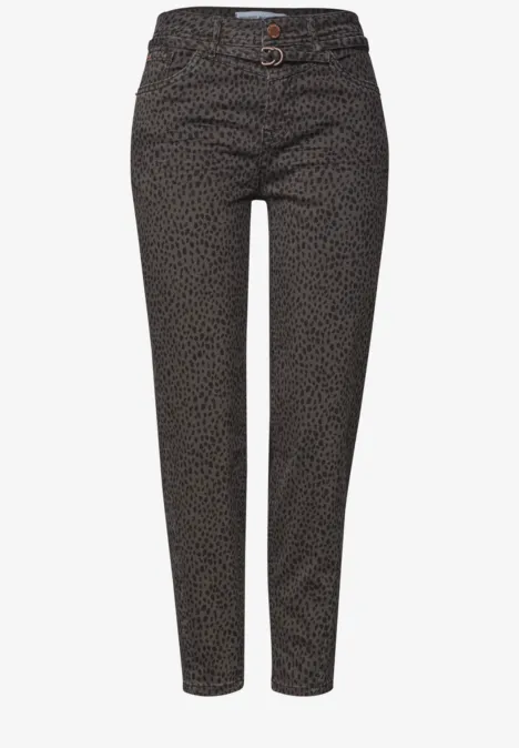 High Waist Barrel Leg Jeans im Loose Fit brown leo washed Slim Fit Damenhose mit dezentem Animalmuster, hohem Bund und Gürtelösen, knöchellang.