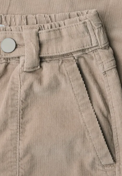 Spodnie High Waist z nogawkami typu barrel z elastycznym pas fading sand Beżowy pas spodni sztruksowych z szlufkami i skośną kieszenią