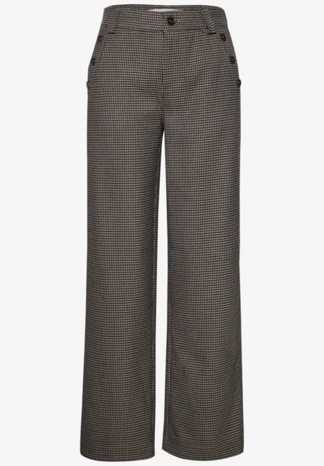 Graue, hoch taillierte Damenhose mit weitem Bein und feinem Hahnentrittmuster.