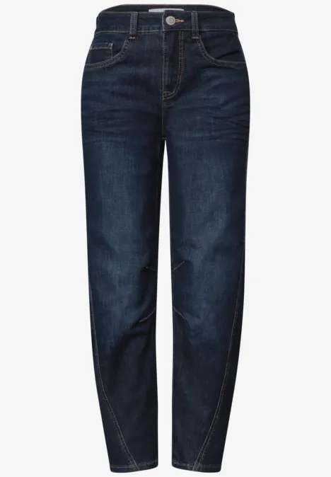 Jeans met High Waist en wijd uitlopende pijpen in een Loose Fit pasvorm Dark Blue Washed Dunkelblaue, hochgeschnittene Jeans mit geradem Schnitt und leichter Beinform.
