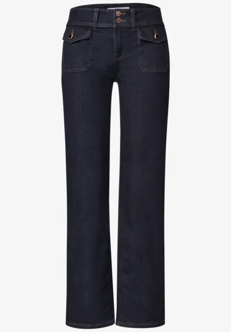 Mid Waist Straight Leg Jeans im Casual Fit Rinse Washed Hose aus dunklem Denim mit geradem Bein, hoher Taille und zwei Knöpfen