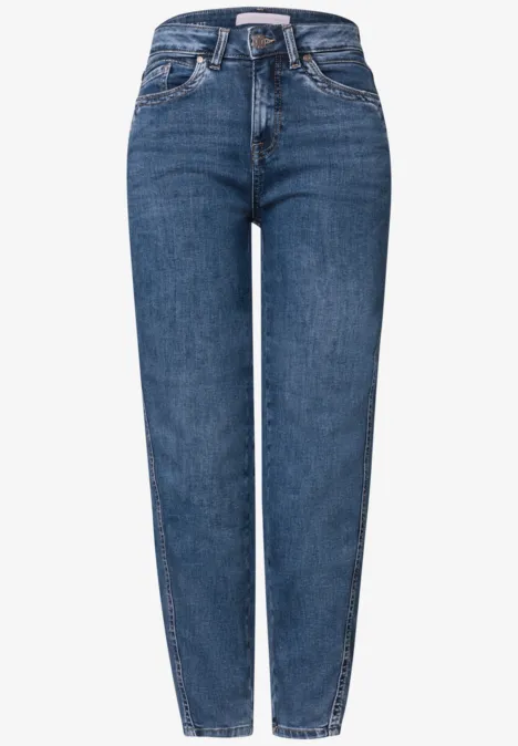 Jeans met High Waist en rechte pijpen in een Loose Fit-pasvorm Medium Blue Soft Washed Blaue Jeans mit mittlerer Taille und geradem Bein, klassischer fünf-Taschen-Stil.