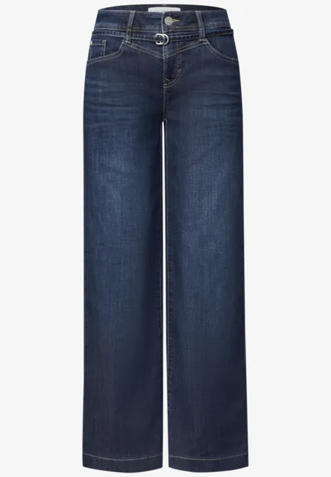 Wide Leg Jeans mit Gürteldetail Dark Blue Washed Dunkelblaue, weite Jeanshose mit hoher Taille, Gürtelschlaufen und seitlichen Eingrifftaschen.