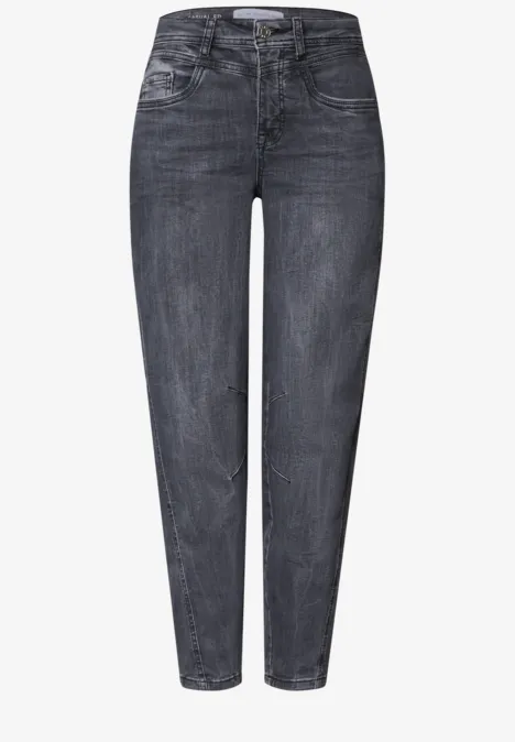 Schwarze, hochtaillierte Jeanshose mit schmalem Schnitt und fünf Taschen.
