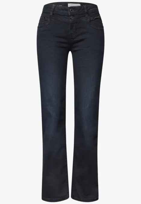 Mid Waist Straight leg Jeans im Casual Fit blue black soft wash Dunkelblaue Bootcut-Jeans mit mittlerer Taille, fünf Taschen und leicht ausgestelltem Bein.