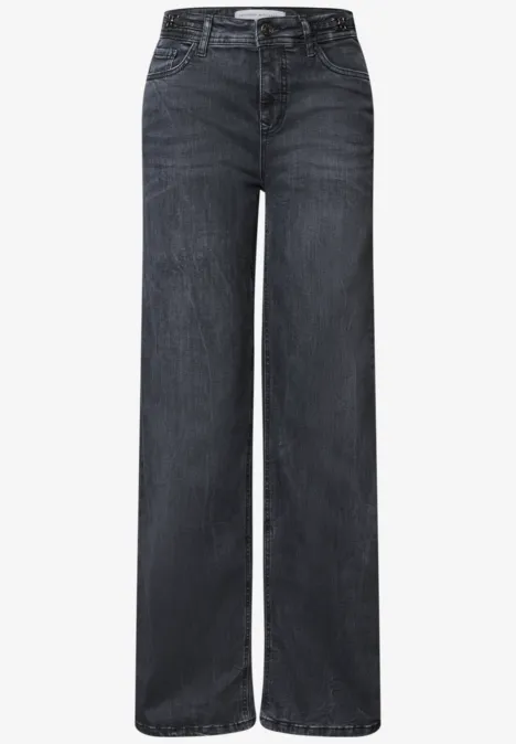 Dunkelgraue Jeans mit weitem geradem Bein und mittelhohem Bund.