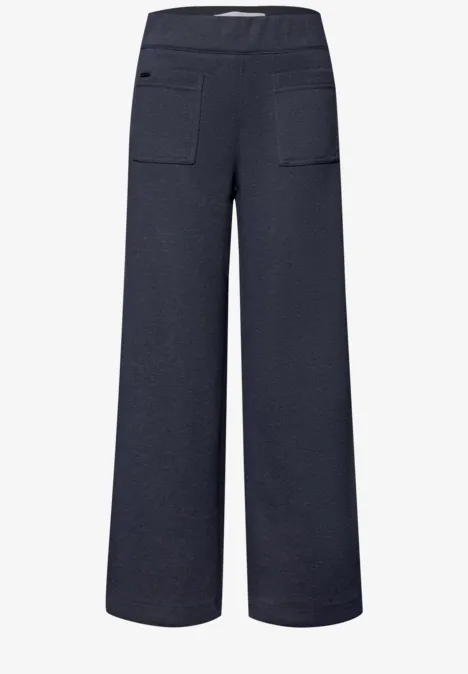Dunkelgraue, weite Damenhose mit hohem Bund und aufgesetzten Taschen