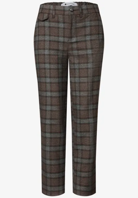 Schlanke karierte Hose in Braun- und Grautönen mit mittlerer Taille und eleganter Passform.