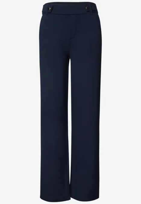 High Waist Wide Leg Hose im Casual Fit darkest blue Dunkelblaue Damenhose mit weitem Bein und seitlichen Schnallen am Bund.