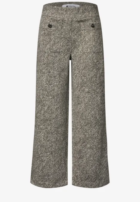 Graue, weit geschnittene Tweed-Hosen mit Knopfdetails vorn.