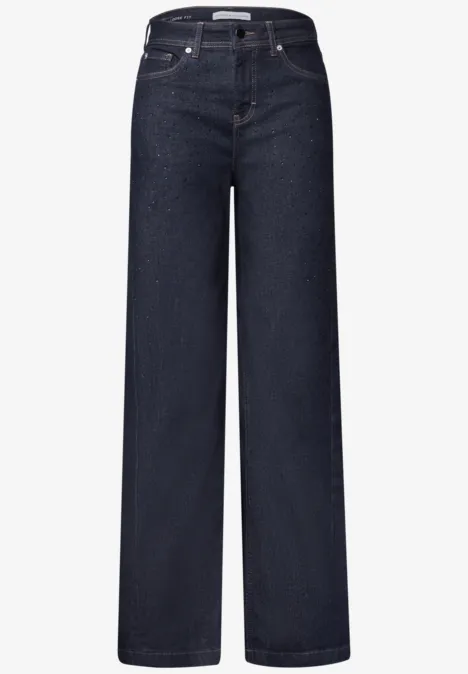 Dunkelblaue, weit geschnittene Jeanshose mit gerade geschnittenen Beinen und hoher Taille.
