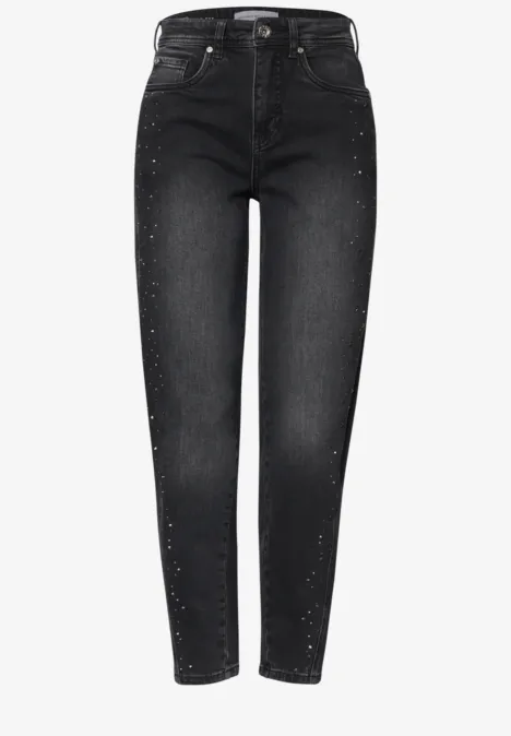 Jean taille haute à Barrel Leg, coupe ample grey washed Schwarze, hoch taillierte Skinny-Jeans mit dezenten Nieten entlang der Außennähte.