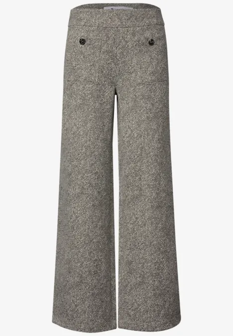 Grau melierte, weite Stoffhose mit hohem Bund und dezenten Taschen-Details vorne.