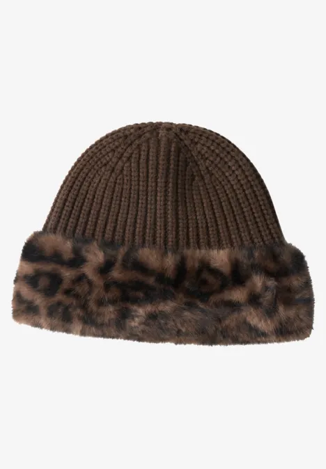 Bonnet avec bordure en fausse fourrure, motif léopard Black