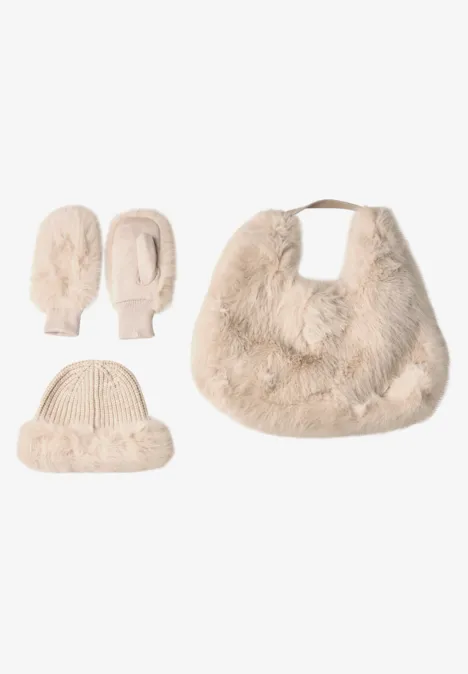 Fäustlinge in Unifarbe mit Fake Fur smooth stone sand
