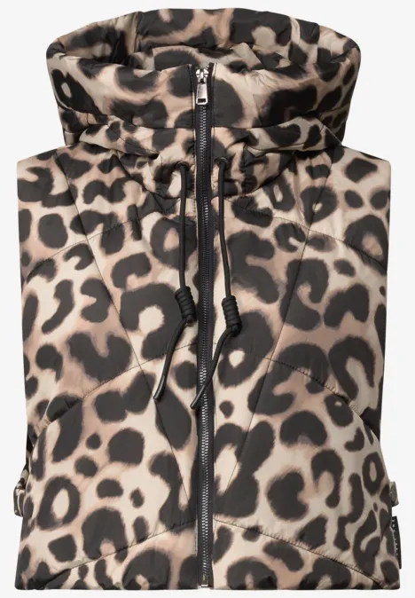 Leopardenmuster-Pufferweste mit Kapuze, durchgehendem Reißverschluss und verstellbarem Kordelzug.