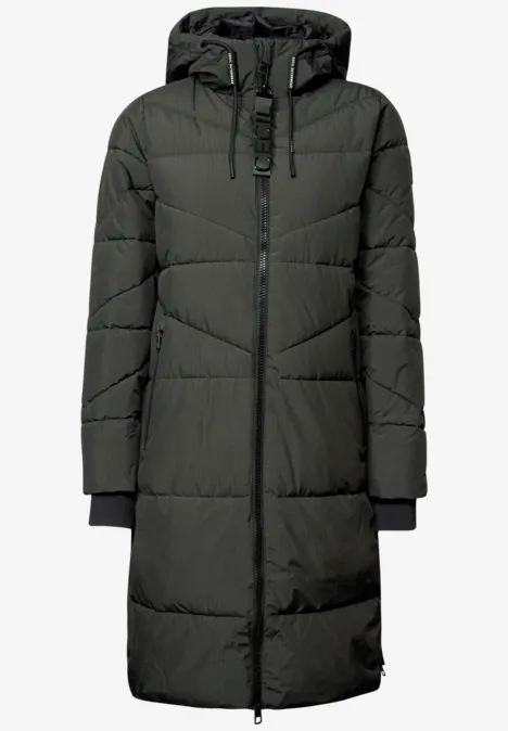 Steppmantel mit Kapuze und Reißverschluss olive night Dunkelgrüne, lange Steppjacke mit Kapuze und durchgehendem Reißverschluss