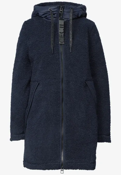 Strukturmix Teddy-Mantel mit Kapuze dark navy blue Dunkelblauer, langer Teddy-Fleece-Parka mit Kapuze, Reißverschluss und Taschen.