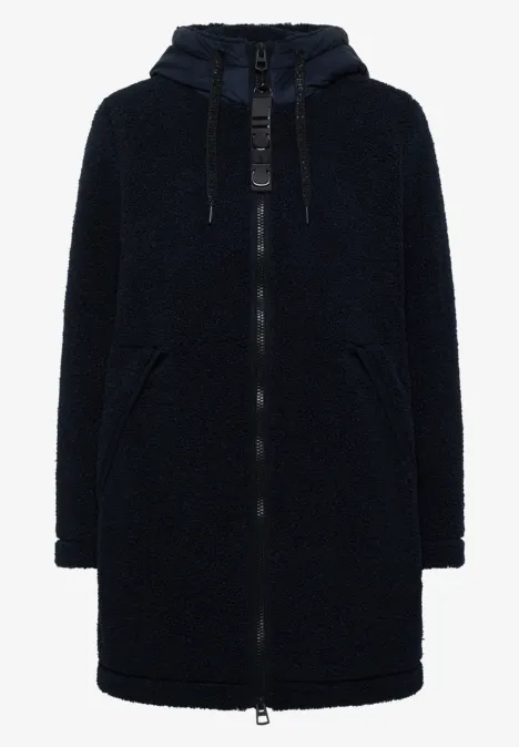 Manteau Teddy à texture contrastée avec capuche dark navy blue Schwarzer, mittellanger Teddy-Fleece-Mantel mit Kapuze, Reißverschluss und Eingrifftaschen.
