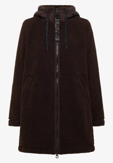 Strukturmix Teddy-Mantel mit Kapuze chocolate sauce brown Brauner Teddy-Fleece-Mantel mit Kapuze, Reißverschluss und Taschen.