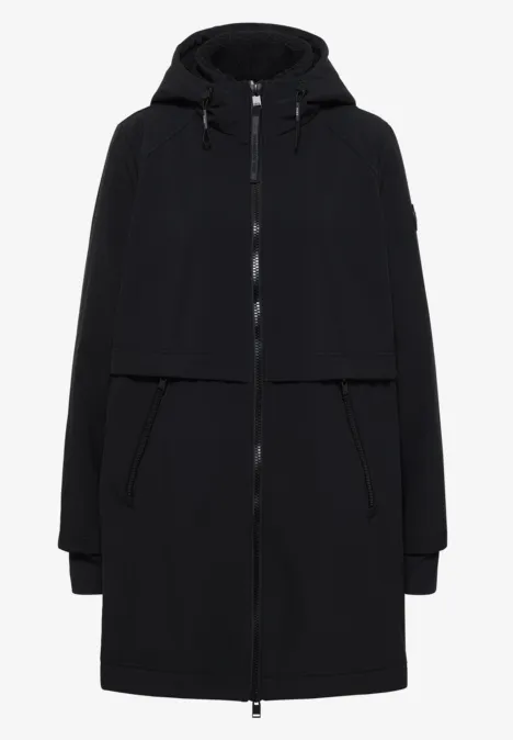 Schwarzer Parka mit Kapuze, durchgehendem Reißverschluss, Seitentaschen und lässigem Überwurf-Detail.