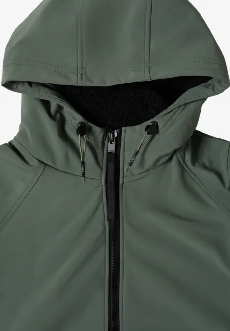 Veste softshell sans manches verte à capuche, fermeture éclair, doublure noire et cordon de serrage