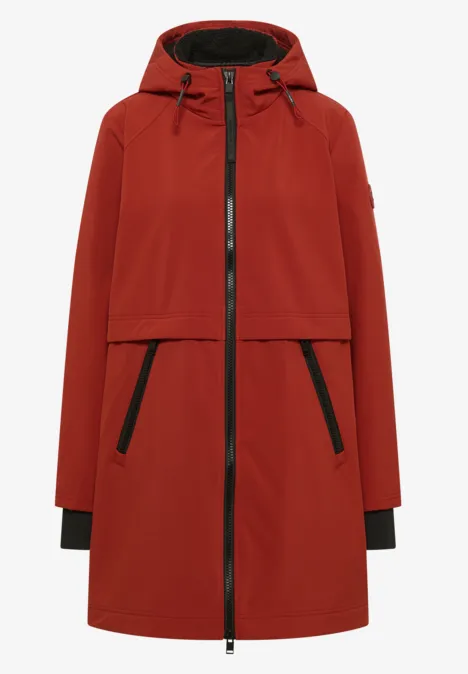 Roter langer Damenparka mit Kapuze, Reißverschluss und seitlichen Taschen