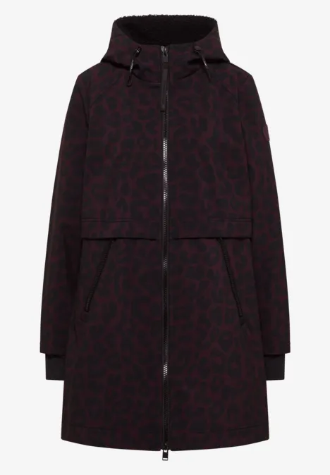 Parka bordeaux à motif léopard noir, capuche, fermeture zippée intégrale et poches latérales.