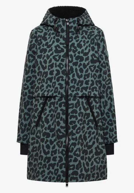 Veste longue à capuche avec imprimé léopard turquoise et noir, fermeture éclair et poches latérales