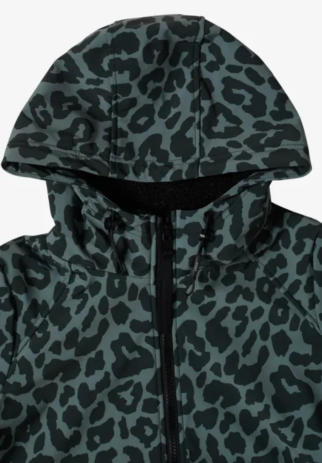 Veste sans manches à capuche, motif léopard noir sur fond vert foncé, fermeture éclair avant.