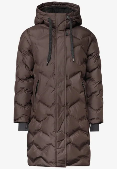 Langer Mantel mit Steppmuster chocolate sauce brown Brauner wattierter Wintermantel mit Kapuze und durchgehendem Reißverschluss