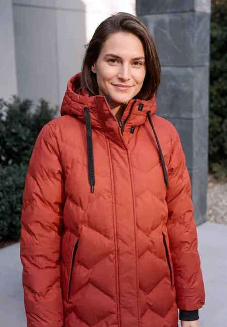 Langer Mantel mit Steppmuster light russet red Eine Frau in roter Daunenjacke steht draußen und lächelt.