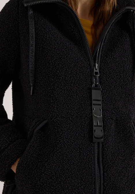 Strukturmix Teddy-Mantel mit Kapuze Black Schwarze Teddy-Fleecejacke mit Reißverschluss, Kapuze und Taschen.