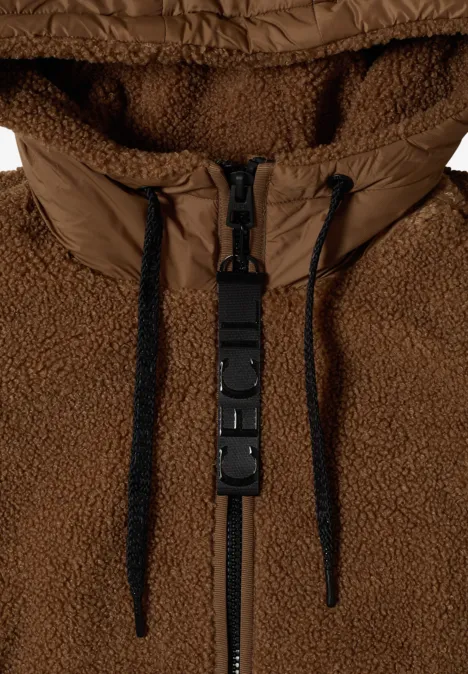 Strukturmix Teddy-Mantel mit Kapuze dark toffee brown Braune Teddyfleece-Jacke mit Kapuze, durchgehendem Reißverschluss, Kordeln und Clip-Verschluss.