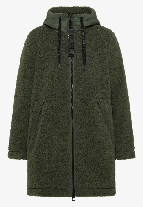 Strukturmix Teddy-Mantel mit Kapuze shadow khaki Olivegrüner, mittellanger Teddy-Fleece-Mantel mit Kapuze und Reißverschluss