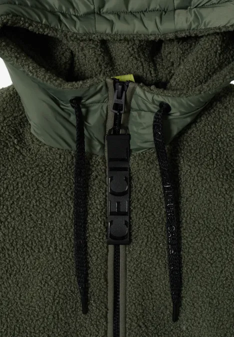 Strukturmix Teddy-Mantel mit Kapuze shadow khaki Olivegrüne Fleecejacke mit Kapuze, Reißverschluss und schwarzen Zugbändern