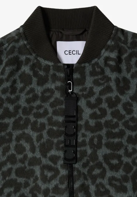 Langer Blouson mit Wollanteil olive night Olivgrüne Bomberjacke mit schwarzem Leopardenprint und Reißverschluss-Detail.
