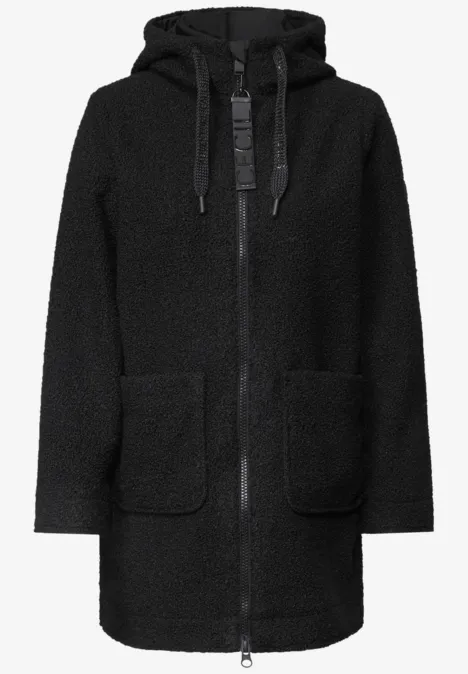 Mantel in angerauter Wolloptik Black Schwarzer Teddy-Fleece-Mantel mit Kapuze, Reißverschluss und zwei aufgesetzten Taschen.