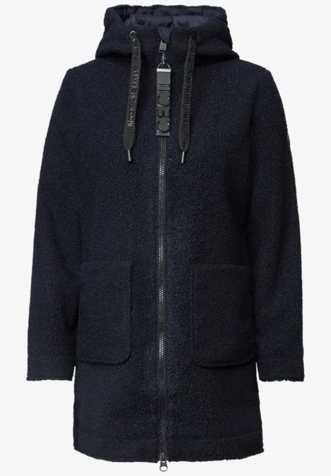 Mantel in angerauter Wolloptik dark navy blue Dunkelblauer Teddy-Fleece-Mantel mit Kapuze, durchgehendem Reißverschluss und Taschen