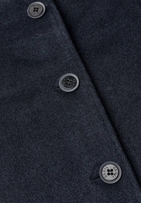 Manteau à revers aspect laine dark navy blue Dunkelblauer Wollmantel mit runden schwarzen Knöpfen, Detailaufnahme der Stofftextur.