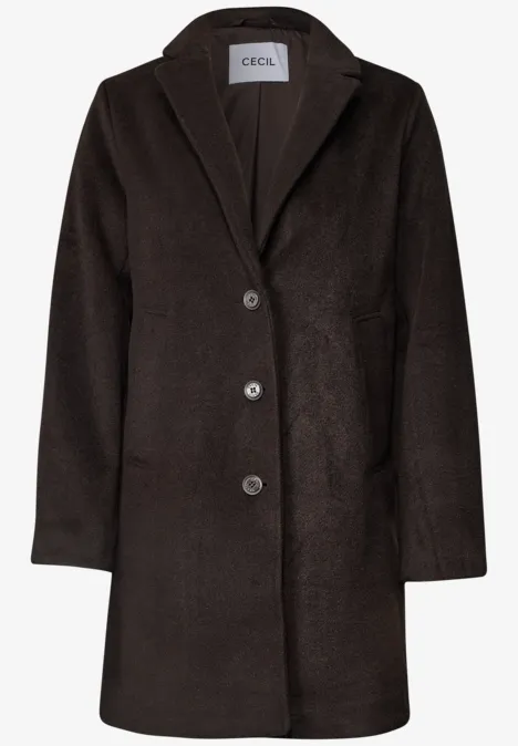Jas met revers in wollook chocolate sauce brown Dunkelbrauner, knielanger Wollmantel mit Reverskragen, Dreiknopf-Verschluss und seitlichen Eingrifftaschen.