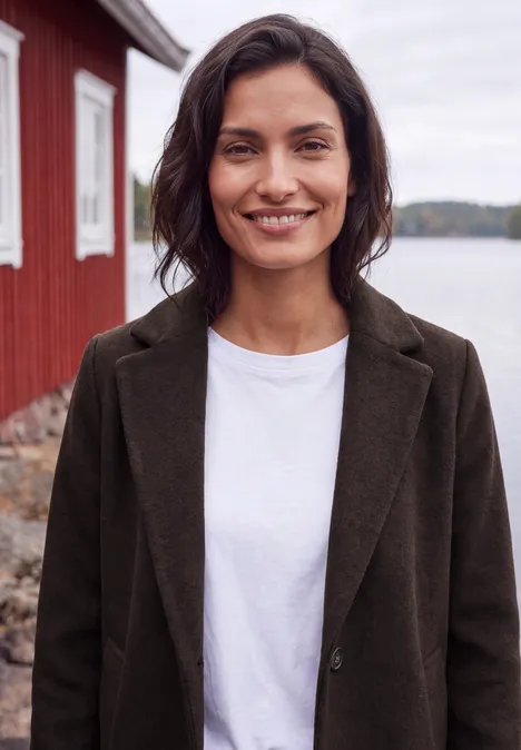 Jas met revers in wollook chocolate sauce brown Eine lächelnde Frau in weißem T-Shirt und dunklem Blazer steht vor einem roten Haus am See.