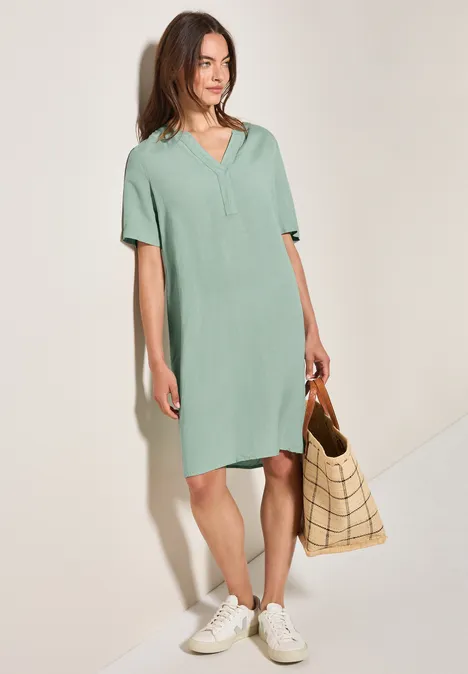 Split Neck Leinenmix Kleid ice sage green