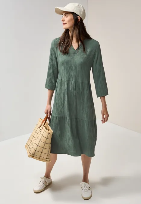 Seersucker-Kleid mit Volants balmy khaki