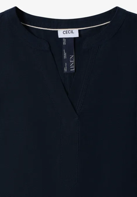 Mouwloze linnen top in marineblauw met V-hals en subtiel CECIL-etiket.