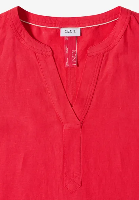 Rotes Leinen-Tunika-Shirt mit V-Ausschnitt und CECIL-Label am Kragen.