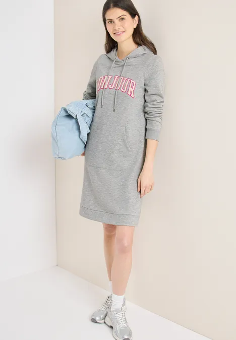 Knielanges Kleid aus Sweat mit Kapuze milky grey melange