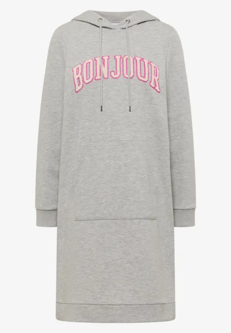 Knielanges Kleid aus Sweat mit Kapuze milky grey melange