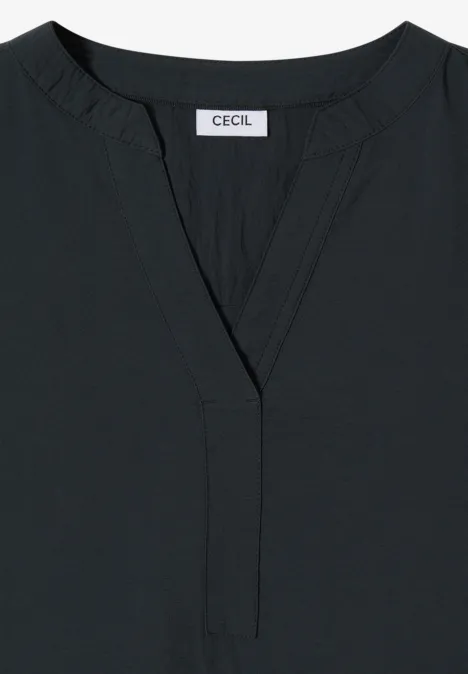Knielanges Kleid mit Split Neck palm breeze green Schwarze, langärmelige Bluse mit V-Ausschnitt und dezenten Ziernähten, Marke CECIL